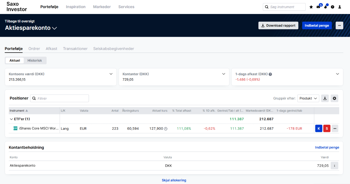 Billede af min Aktiesparekonto hos Saxo Bank, som viser en saldo på 213.000 kr.